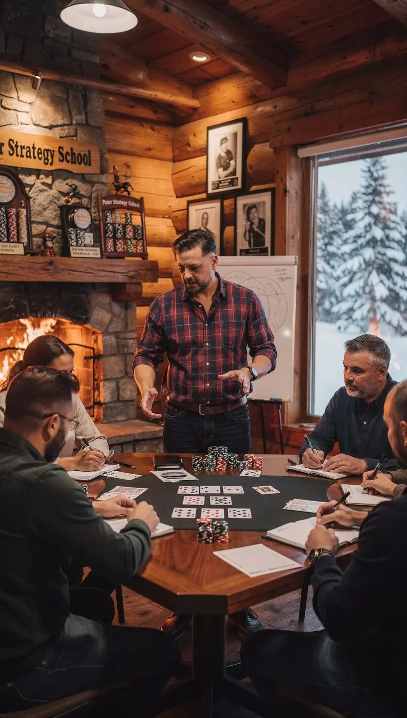 Eine Gruppe von Spielern diskutiert Strategien am Pokertisch.
