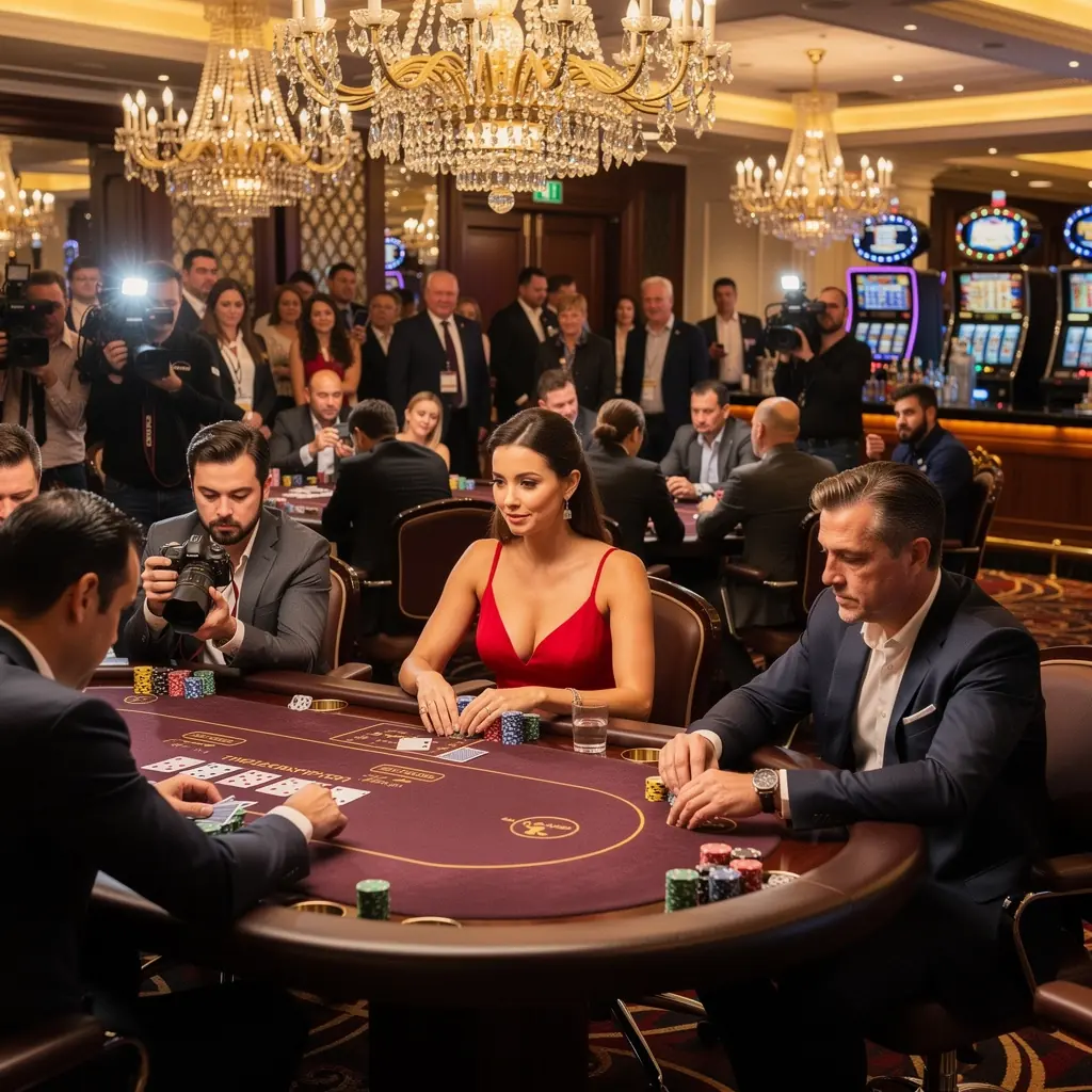 Zuschauer beobachten ein spannendes Pokerspiel in einem Casino.